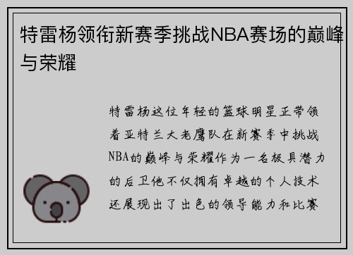 特雷杨领衔新赛季挑战NBA赛场的巅峰与荣耀